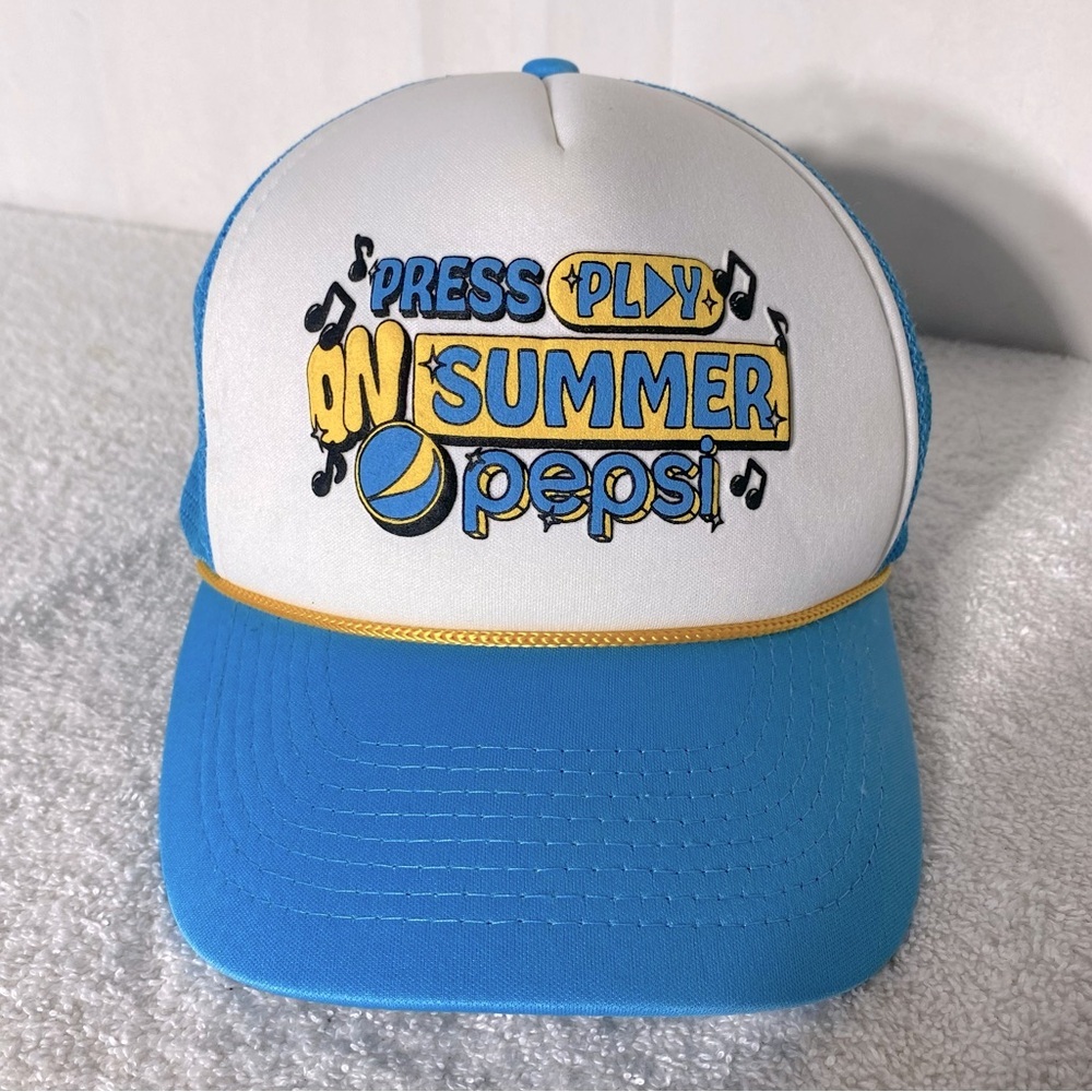 Vintage Pepsi Press Play On Summer Blue White Mesh Back Snap Back Trucker Hat